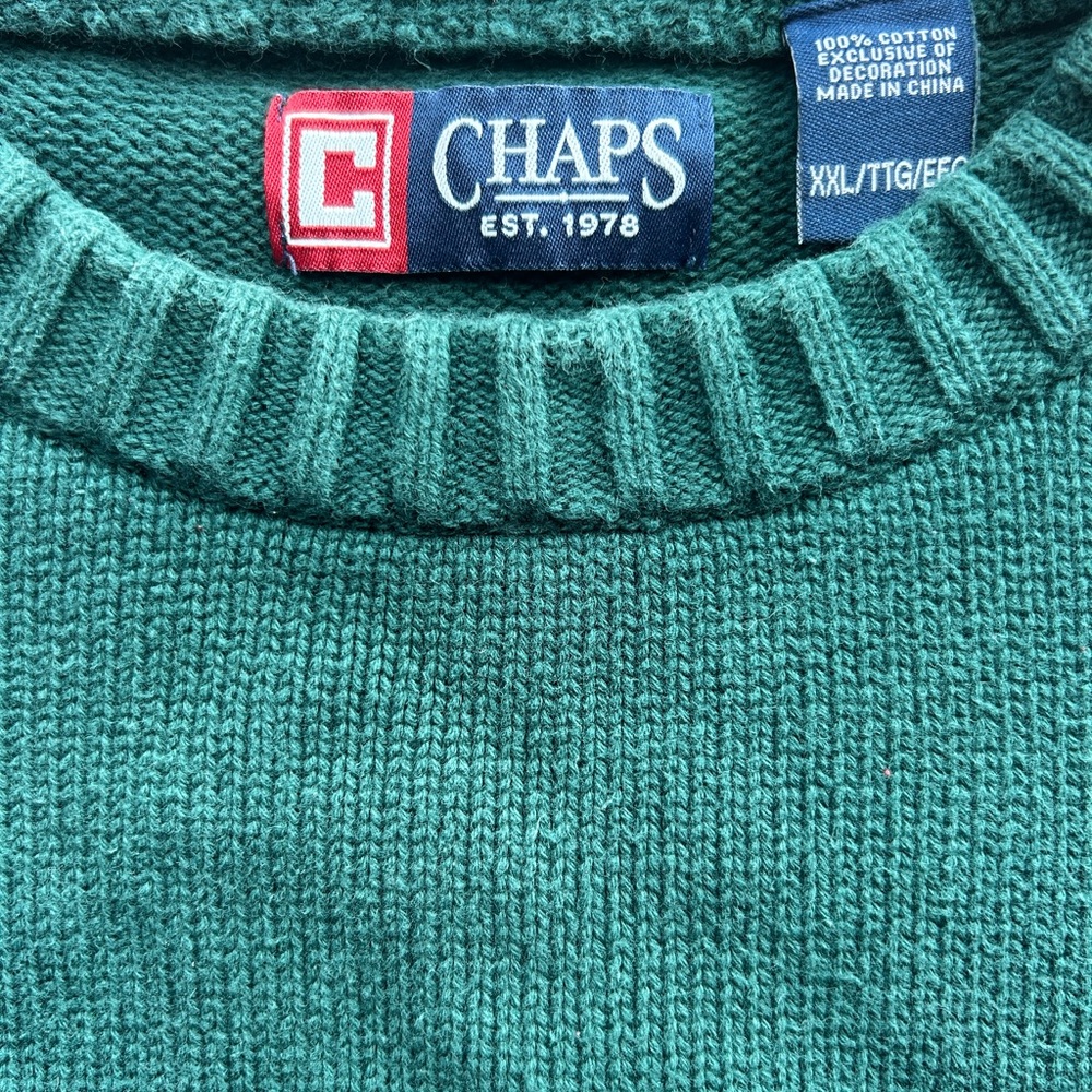 Chaps Men's Green Crewneck Sweater with Navy Blue Insignia, Size XXL,‎ Classic,